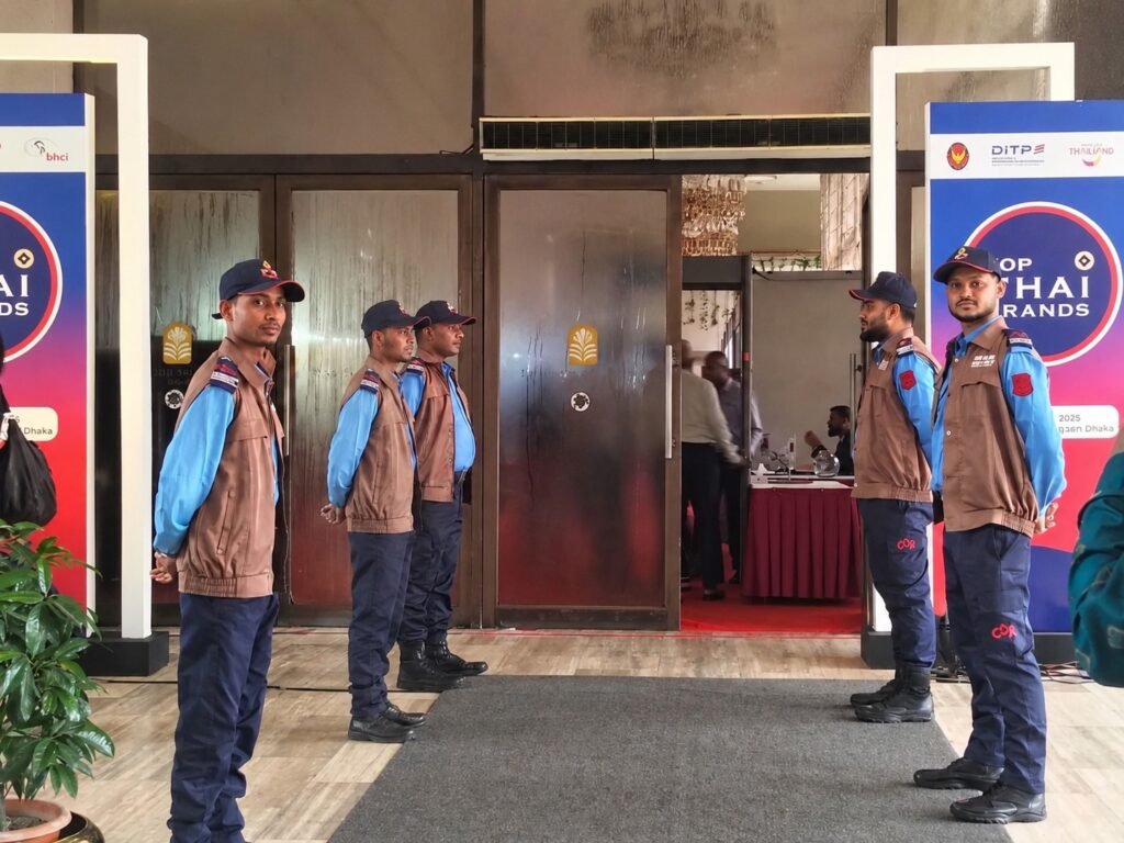 Complete Security Solution (C2S) security guards providing professional event security services at Top Thai Brands 2026 exhibition at Pan Pacific Sonargaon Dhaka